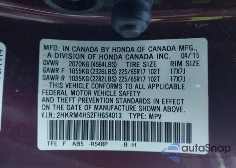 2015 Honda Cr-V Ex из США, поврежденный, VIN 2HKRM4H52FH654013